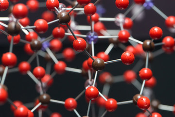 Molecular, DNA and atom model in science research lab