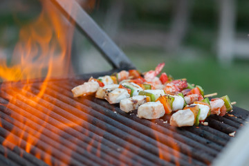 grilled barbecued mixed seafood in BBQ Flames.