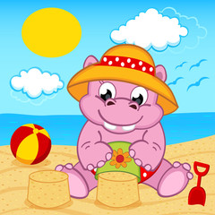 hippo girl on beach - vector illustration, eps
