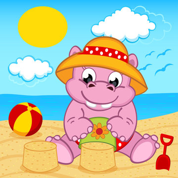 hippo girl on beach - vector illustration, eps