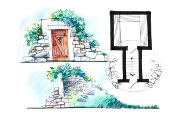 architect crayon sketch of a cellar for food storage in a country house from different angles
