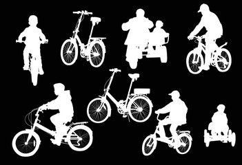 set of eight bicycles isolated on black background