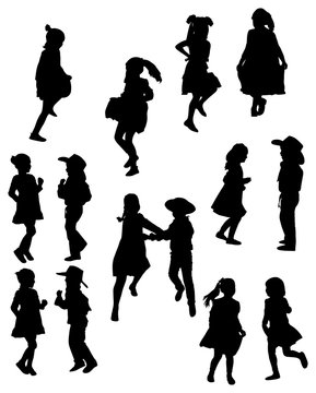 fourteen children silhouettes collection isolated on white