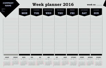 Week planner 2016 calendar for companies and private use. - simple design