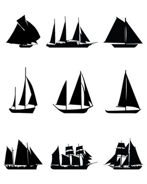 Black silhouettes of sailing boats, vector