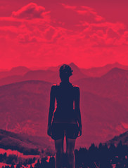 Obraz premium Woman enjoying a dramatic red sunset
