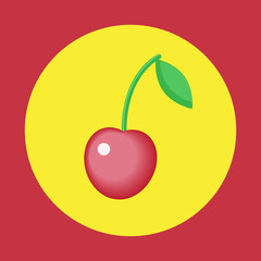Vector bright illustration of one cherry in the yellow circle.