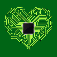 Circuit board heart. Electronic background with Processor