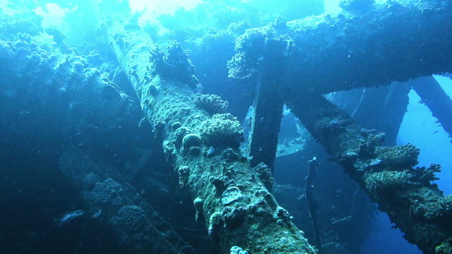 pieces of old ship wreck on the sea bottom