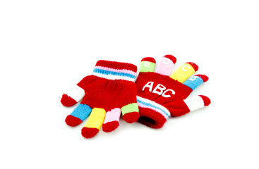 a pair red hand glove with alphabet  isolated white background