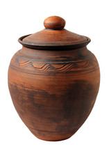 Clay pot with a cover on the white isolated background.