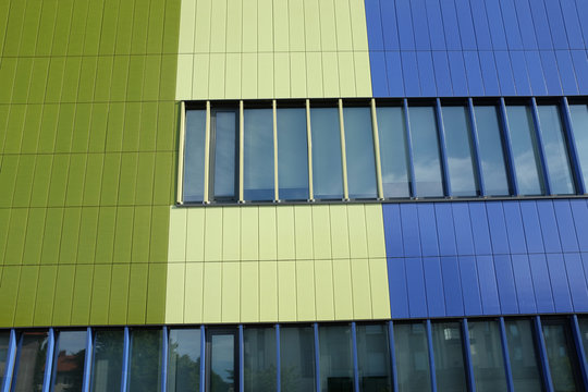 Wall Of Modern Building Blue And Green Color, Horizontal Photo