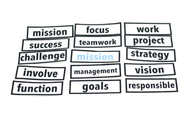 word cloud concept made from paper cut with black border with mission word on blue colour. isolated white background