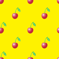 Summer vector seamless pattern with red cherries on the yellow background.