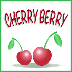 Vector illustration of two red cherries in the square frame with text. Pair of berries are isolated on the white background.