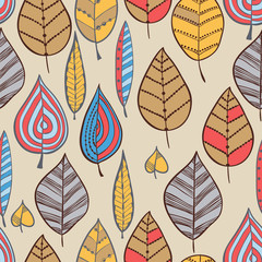 Vector seamless pattern with ornamental autumn leaves.