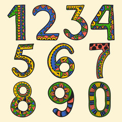 Hand Drawn color doodle numbers, from one to zero. Vector illustration. African, Indian, totem, tattoo design.