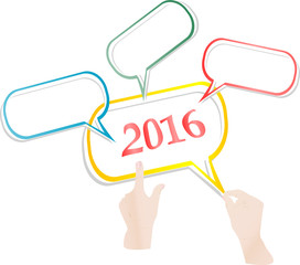 hand with abstract speech bubbles set on white Christmas background, 2016 new year concept