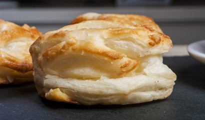 Bread Roll with cottage cheese filling and coffe close up