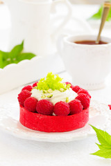 Tartlets with pistachio cream and raspberries.