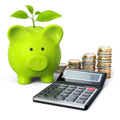 Green piggy bank with calculator, coin stacks and plant