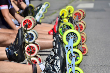 Roller skates wheels before the start of city race for healtly and active life