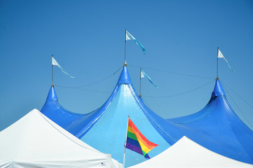 LGBT Flag near by stage under beautiful blue sky