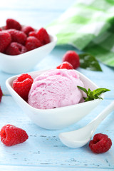 Ice cream in bowl with raspberries on blue wooden background