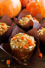 Pumpkin muffins with rosemary and seeds.