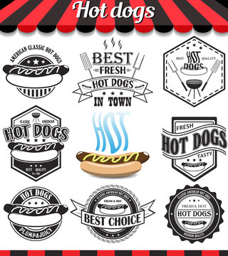 Hot dogs collection of vector signs, symbols and icons.