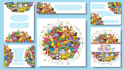 Set vector card templates with birthday party hand draw doodles