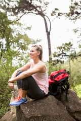 Fototapeta na wymiar Smiling blonde hiker sitting on rock
