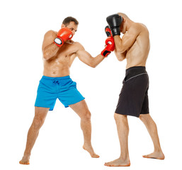 Kickboxers sparring on white