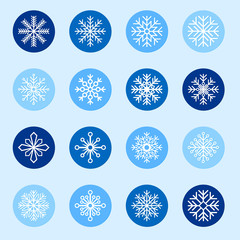 Set of white snowflakes on color backgrounds