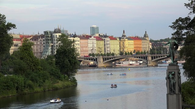 Dancing House, Jirasek Bridge & Rasin Embankment (Nove Mesto) from the other side of Vltava river. Prague