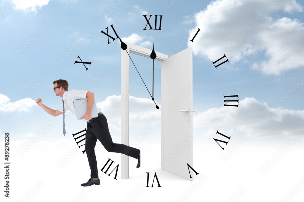 Poster composite image of geeky businessman running late