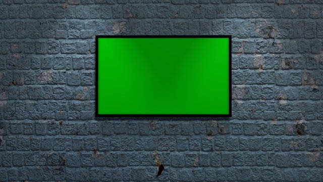 brick wall and wood floor with picture frame - green screen 