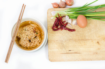 Tasty instant noodles in bowl isolated on white