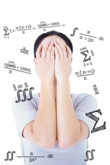 Composite image of sad woman hiding her face