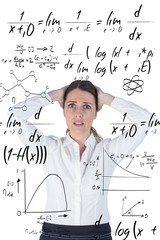 Composite image of stressed businesswoman with hands on her head