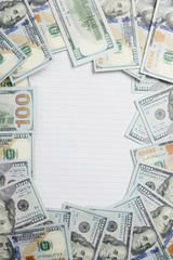 Hundred dollar banknotes frame with blank paper in the middle