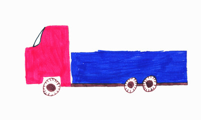 Truck on white background. Children drawing color markers.