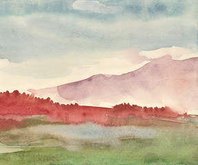 Foggy summer morning in the mountains. Watercolor painting