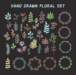 Vintage set of hand drawn rustic floral elements and wreath in pastel colors.