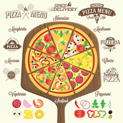 Pizza menu, labels and design elements
