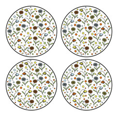 Set of vintage round stamps with daisy flowers and bellflowers inside