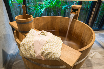 Fototapeta na wymiar Onsen series : wooden bathtub