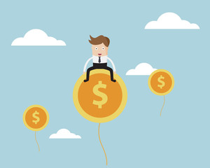 Businessman Sitting on Money Coin Balloon