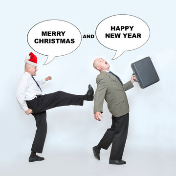 Fired businessman and angry boss on end of the year. Downsizing before christmas. Funny picture from office. Picture with speech bubbles for your text.