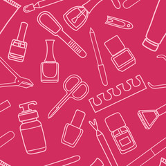 Vector seamless pattern of manicure and pedicure doodle equipmen